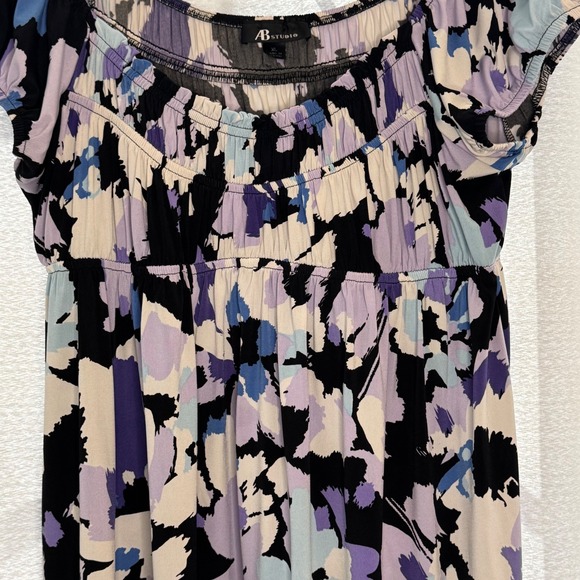 AB Studio Purple Floral Print Dress NWOT Smocked Neckline Casual Short Sleeve XL - Picture 2 of 7